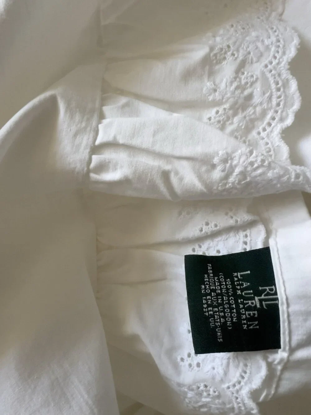 LAUREN RALPH LAUREN KING Flat Sheet Bromley White Ruffled Eyelet 100% Cotton USA